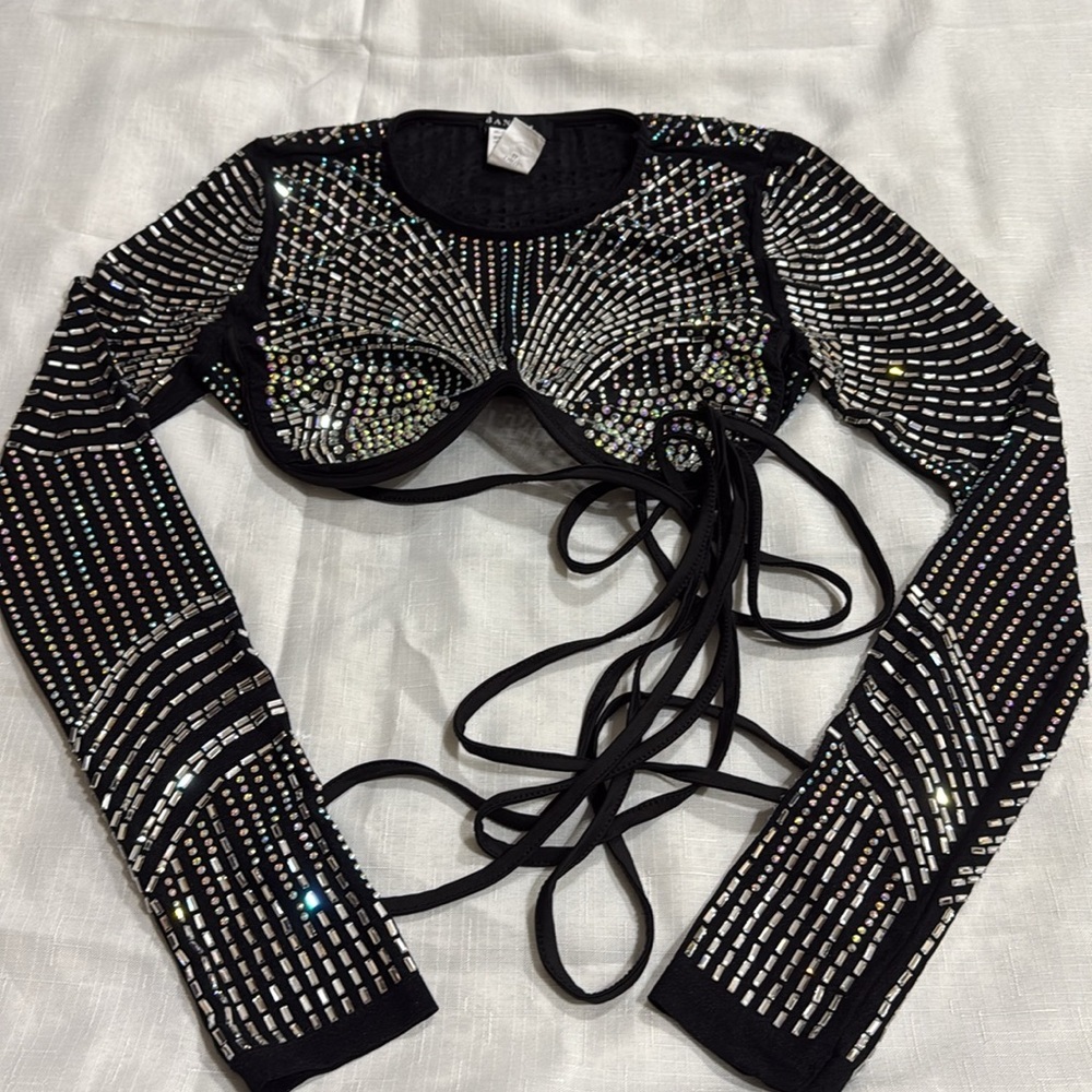 (A3)BAJUL Sheer Crop Top with Rhinestones and Trim, Size M - Picture 7 of 10